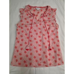 Boden Laurie Cotton Palm-Print Ruffle Tassel-Tie Sleeveless Top in pink and red